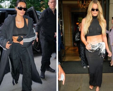 Kim Kardashian Sports a Balenciaga X Adidas tracksuit while Khloe Kardashian wore Laquan Smith in New York